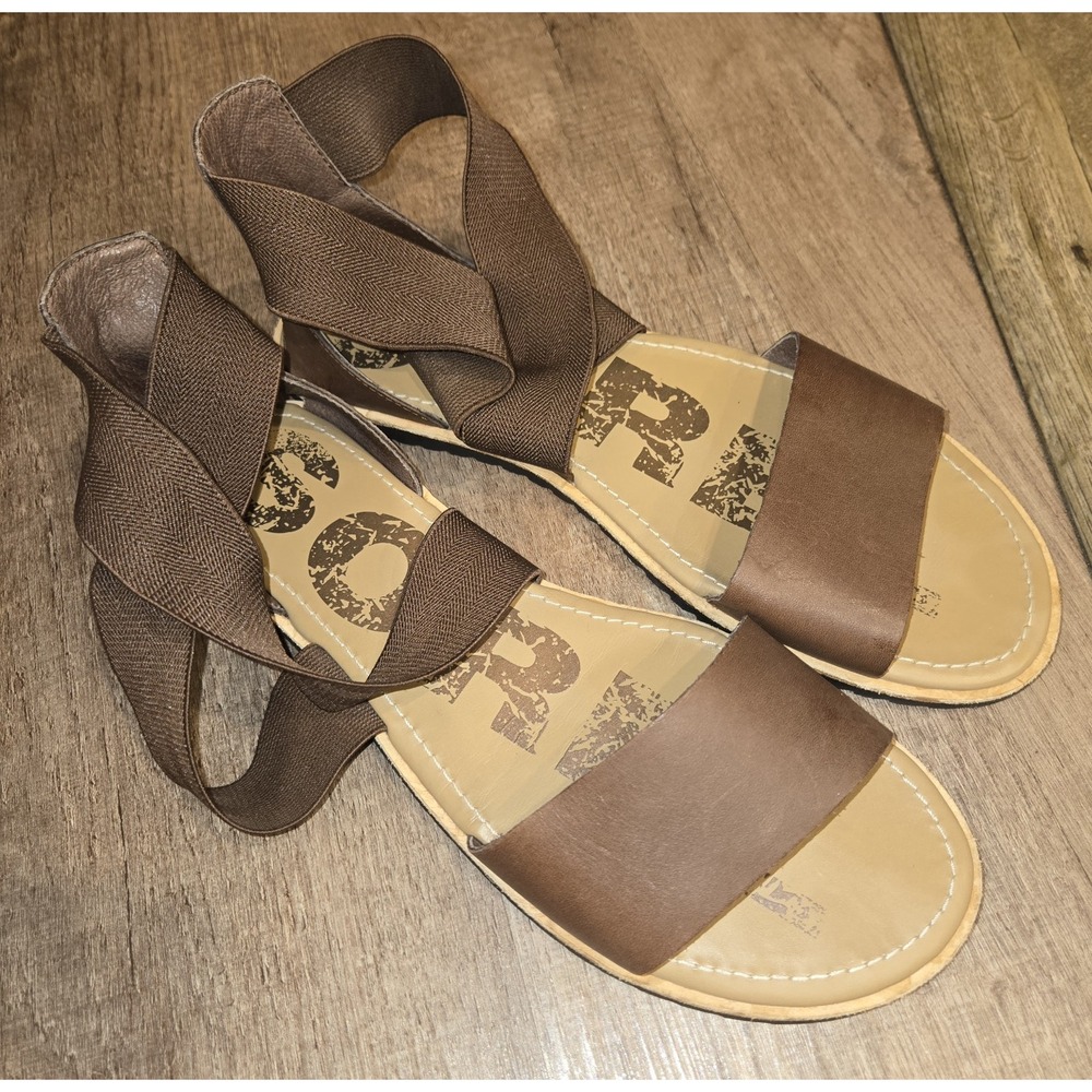 Sorel Women's Ella Brown Sandals Cross Strap‎ Stretch Flats NL2893-225 Size 9.5
